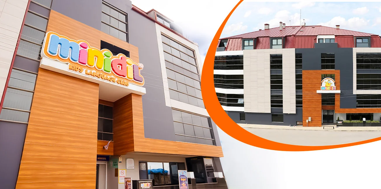 Minidil'in binası: turuncu kaplamalı girişin üstünde renkli Minidil tabelası, yanda binanın tamamı